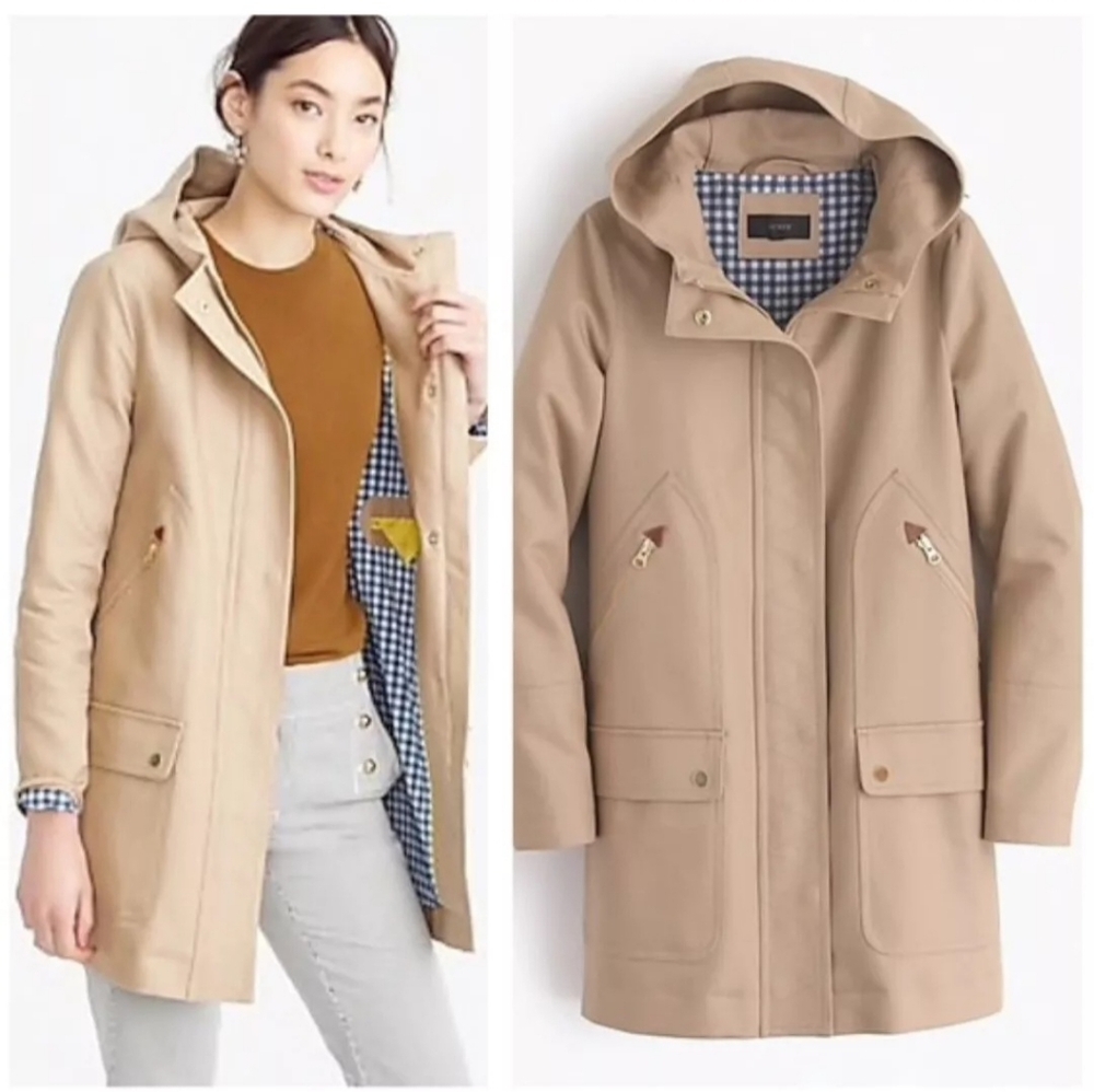 J. Crew Khaki Beige Chateau Zip Front Gingham Lined Trench Coat size 00